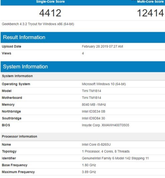 小米笔记本新品已经现身Geekbench跑分平台:或许是Timi TM1814