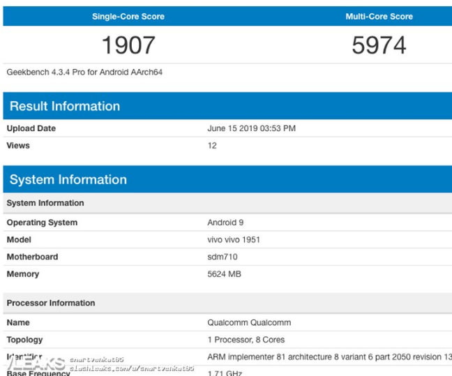 Geekbench跑分网站曝出vivo新机跑分：单核1907，多核5974