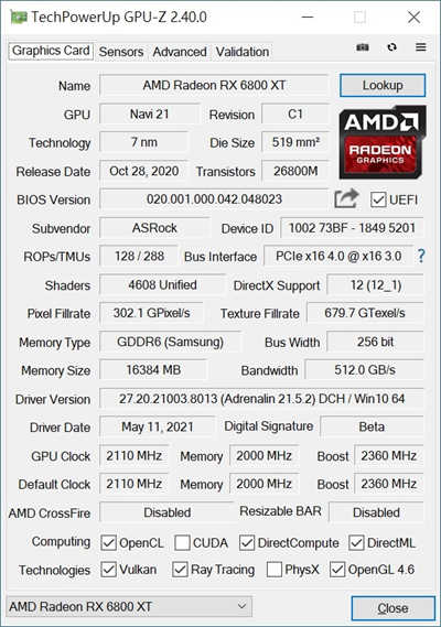 ASRock Radeon RX 6800 XT Taichi X 16G OC 显示卡(31)