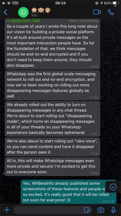 WhatsApp及Facebook CEO主动确认 WhatsApp将支援一次性讯息及多装置登入(1)