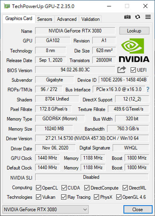 GIGABYTE GeForce RTX 3080 VISION OC 10G开箱测试/主打创作者的崭新显卡定位(30)