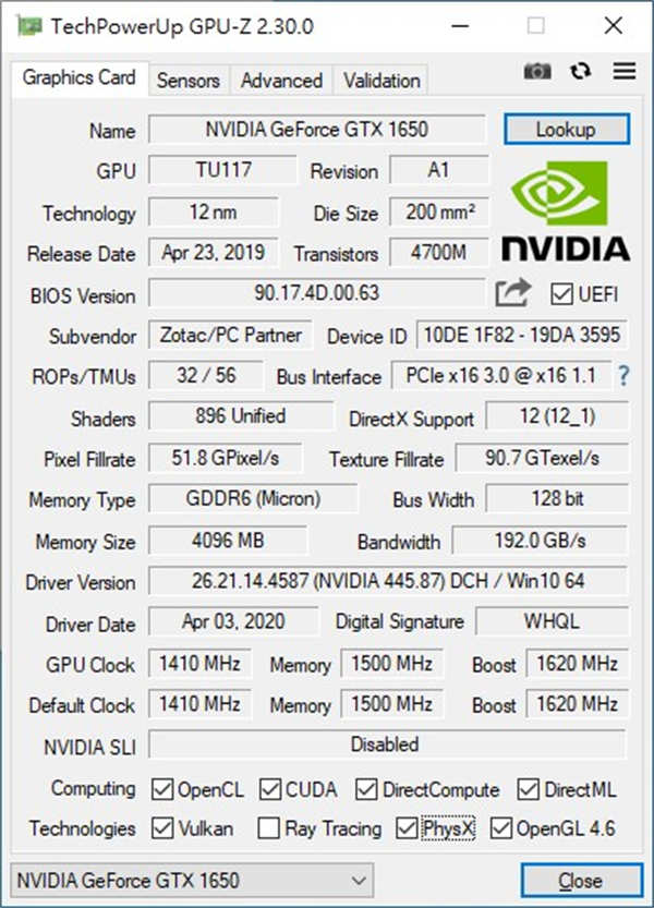 ZOTAC GAMING  GTX 1650 OC GDDR6 显示卡开箱测试 / 单风扇小巧外型、记忆体 GDDR6(12)