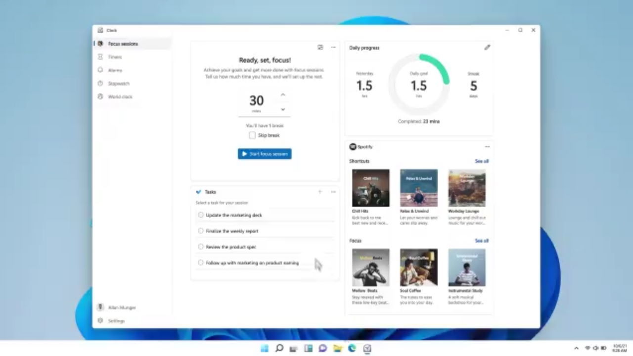 Windows 11将具有与Spotify集成的焦点模式