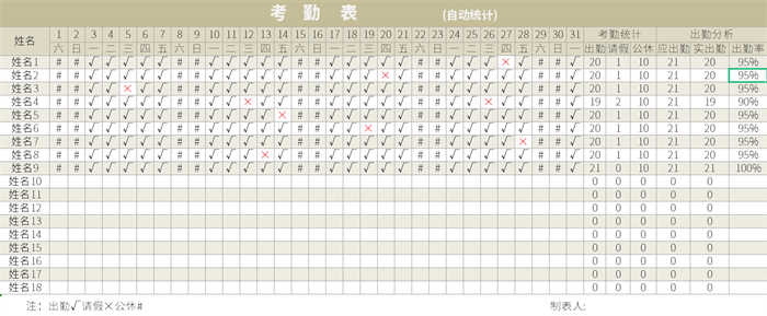 excel员工考勤模板(8)